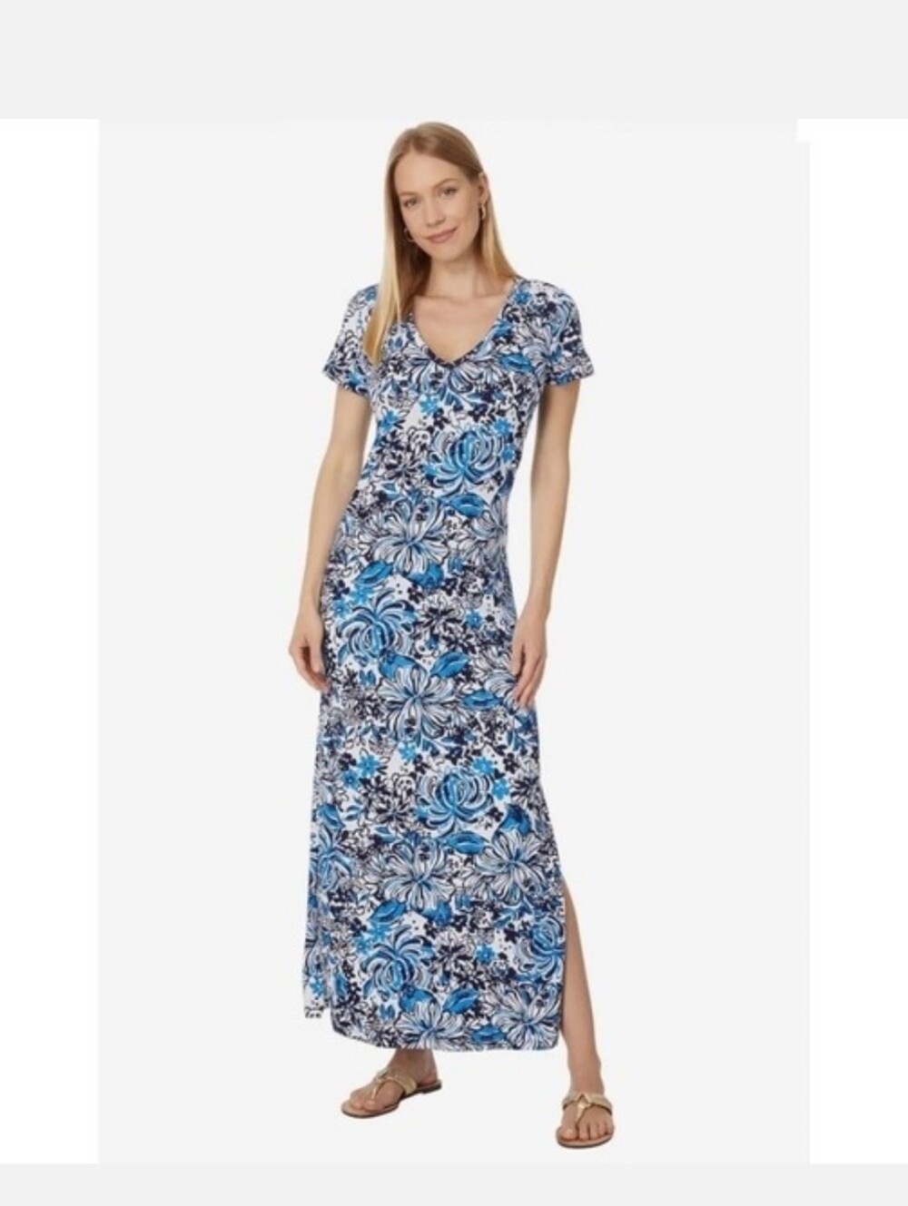 Lilly Pulitzer T-Shirt Dress Womens Medium Blue Tropical Floral Pima Cotton Maxi